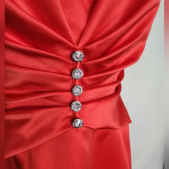 Impressions Dress 1990s Rhinestone Buttons Ruched Top Red Size 12 - Picture 8 of 12